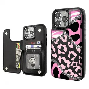 Cow leopard print Pattern Phone Cases Compatible For With iphone 17 16 15 14 13 12 PRO PLUS MAX AIR PU Black Brown Pink Durable Flip High quality Leather Credit Card Bag Holder Mother Gift Wallet Shockproof Anti-Drop Full Protection Shell Cover