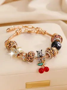 Leopard Print Cherry 8 Ball Pool Pendant Bracelet, Unique Pattern, Vintage Style Beaded Bracelet, Retro Fashion Accessory, Unisex Jewelry