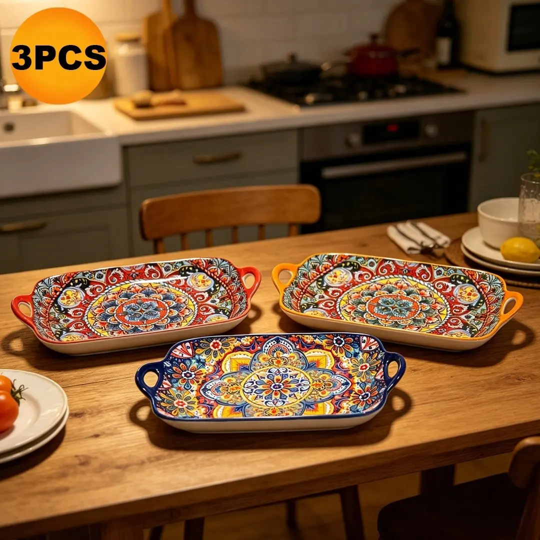 Bohemian Floral Ceramic Dinner Plates Set of 3, Sturdy, Microwave Safe, Ideal for Steak, Pasta, Breakfast, Serving Plates, Stylish Tableware, Ceramic Dinnerware, Bohemian Pattern