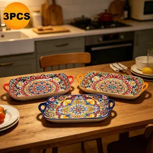Bohemian Floral Ceramic Dinner Plates Set of 3, Sturdy, Microwave Safe, Ideal for Steak, Pasta, Breakfast, Stylish Tableware, Ceramic Dinnerware, Bohemian Pattern
