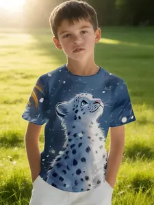 Boys' Round Neck Short Sleeve T-shirt 3D printing Snow Leopard Night Sky Stars Moon sports leisure spring and summer super cool, lightweight, fashionable, everyday, versatile