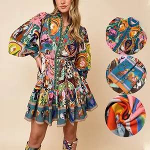 Women's Colorful Collage Print Dress Bohemian Style Collared Puff Sleeve with Belted Waist