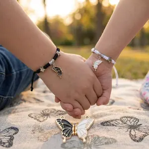 2PCS Butterfly Friendship Bracelet, Butterfly Matching Bracelets, Butterflies Couple Bracelets, Adjustable Strand Best Friends Bracelet for Women, Jewelry Gifts for Couples and Friend (Black + White)