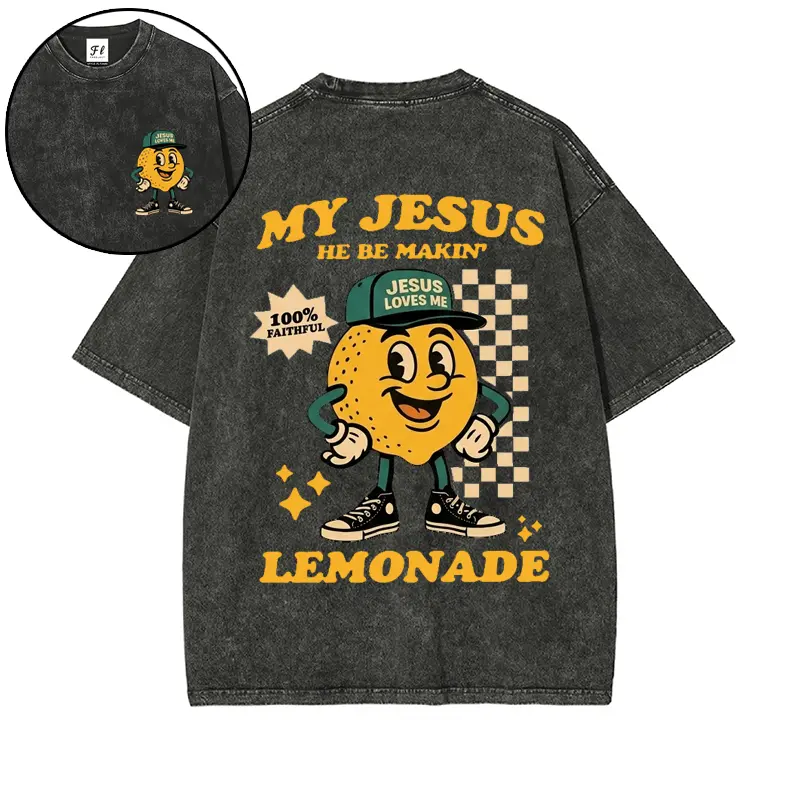 Vintage Washed Cartoon Christian Oversized Tops - Casual Retro Checkerboard Streetwear Tee with Sleeves (Pair with Matching Bottom for Sports & Outdoor Use), T-Shirt, Print