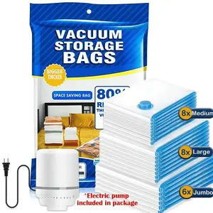 12 Pack Vacuum Storage Bags With Electric Air Pump,(2 Jumbo/3 Large/3 Medium/3 Small) Vacuum Seal Bags For Clothing Travel, Space Saver bags For Luggage, Blankets,Bedding,Moving Bags