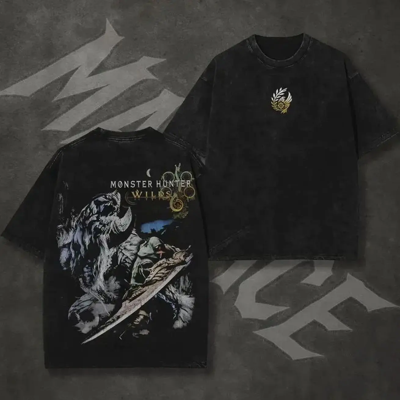 Monster Hunter Wilds Vintage Washed Tee – Oversized Double Printed Graphic Shirt for Gamers | Heavyweight Cotton Esports Streetwear | Unisex Hunting Crew Merch for Monster Slayers | Epic Gaming Gift & TikTok Trend Tee for Men & Women 80P