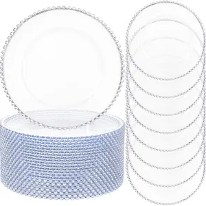 Clear Charger Plates 13inch Plastic, Round Dinner Plate with Beaded Rim, Disposable for Home, Birthday, Wedding, Party Events
