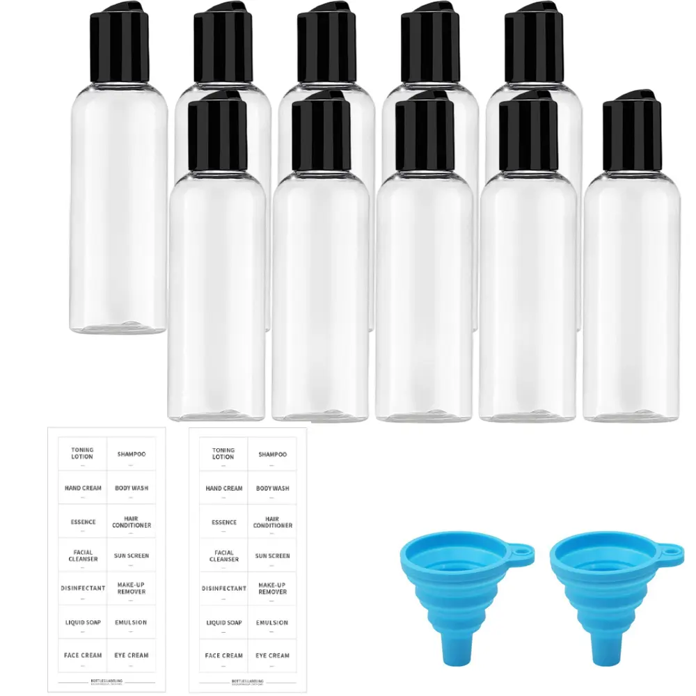 10 piece travel bottle set, transparent plastic bottle with lid, attached with label and funnel, leak proof squeeze bottle, suitable for subpackaging shampoo, lotion and cosmetics