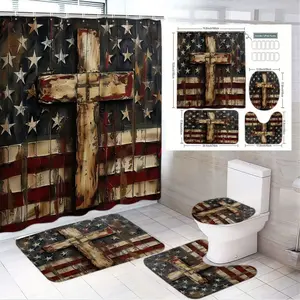 1/4pcs Rustic American Flag Cross Printed Shower Curtain Set - Toilet Lid Cover & 2 Bath Mats, Distressed Wood Cross on Red White Blue Flag, Patriotic Religious Bathroom Decor, Bathroom Accessory, Perfect for Independence Day, Memorial Day, Restroom