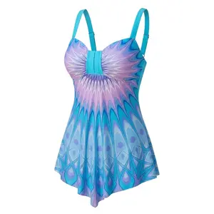 Women's Plus Size 1-Piece Slimming Swimdress Swimsuit - Tummy Control, Gradient Peacock Print, Tie Knot, High-Stretch Elastane Fabric, Flowy Minimalist Design, Pool & Beach Vacation Ready