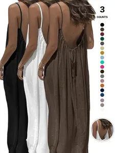 Women's Plain Backless Long Dress, Elegant Sleeveless Loose-Fitting Sleepwear, All Seasons Casual Wear