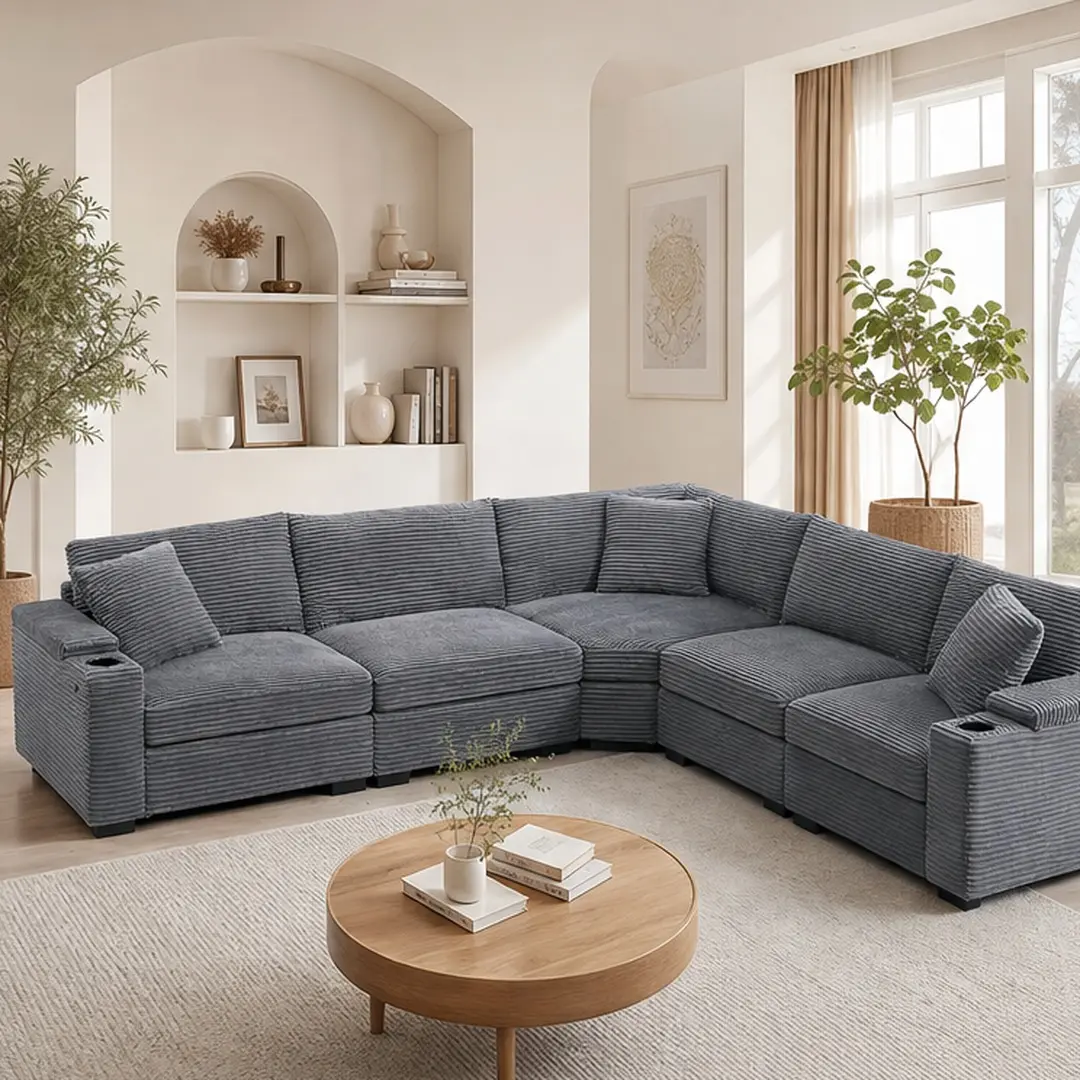 ARCH 104" L-Shaped Sectional Sofa Corduroy Corner Couch with Armrest Storage Cup Holders USB Charger Modular Comfy 5-Seat Living Room Furniture Gray Wood Frame Pillow Back Square Arms, Gray Color Options, Corduroy Material, 5 Seat Seat Count