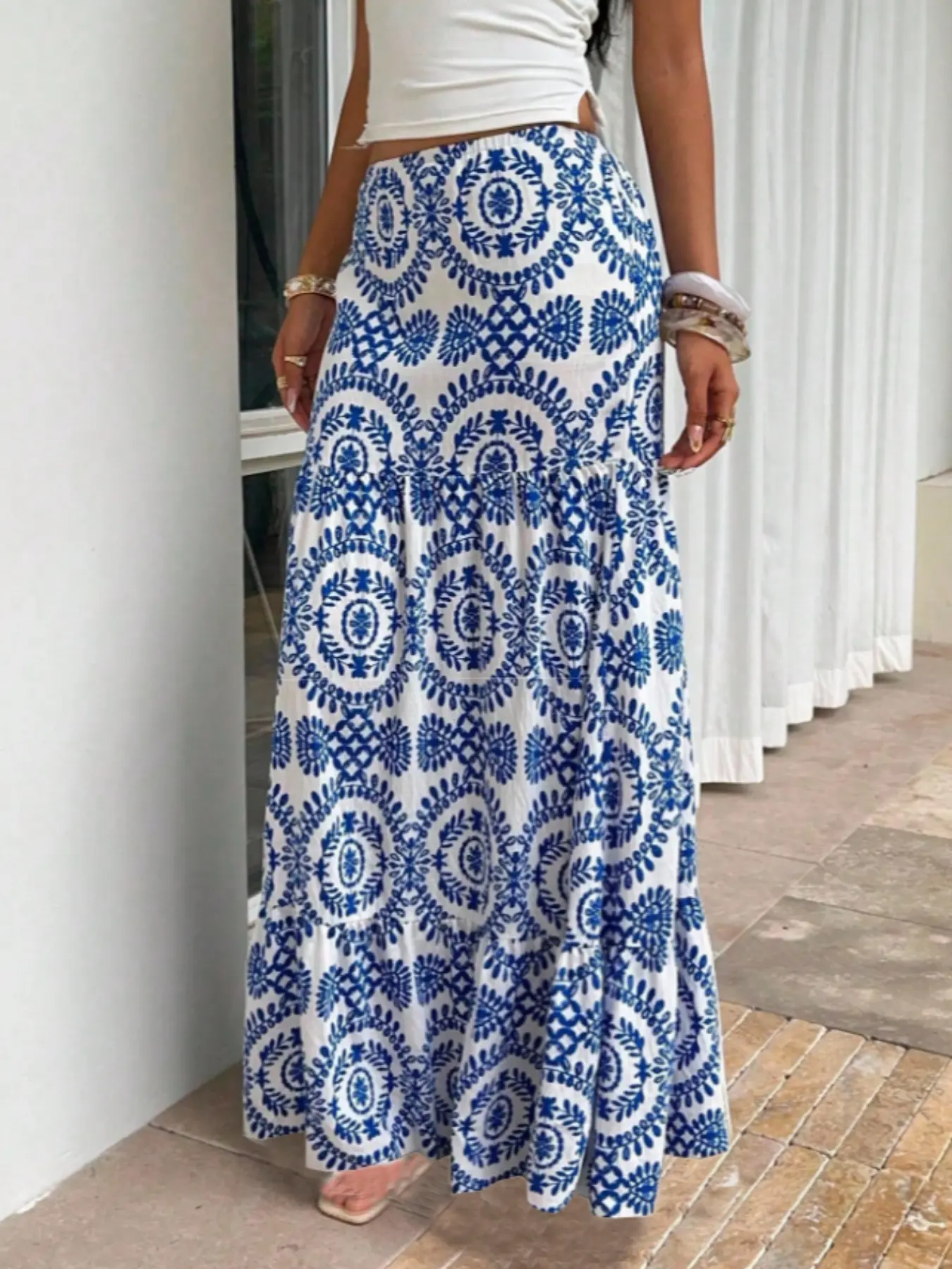 Women's Elastic Waist Fitted Long Maxi Boho Print Skirt, Casual Vacation Bohemian Style, Party/wear/relax, One Piece, Comfortable and Stylish, Boho Skirts