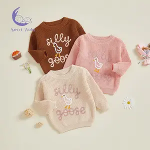 Toddler Girl Autumn Cartoon Sweater Long Sleeve Crew Neck Letter Duck Embroidery Knit Tops