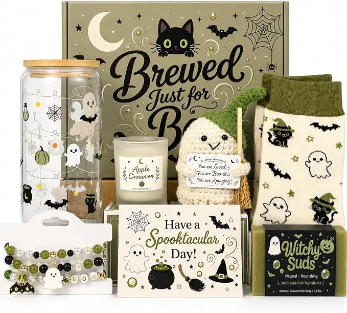 Crochet Bracelet Set for Females - Halloween Boo Basket Stuffers with Spooky Glass Cup, Multiple Items Festive Party Gifts, Women Teens