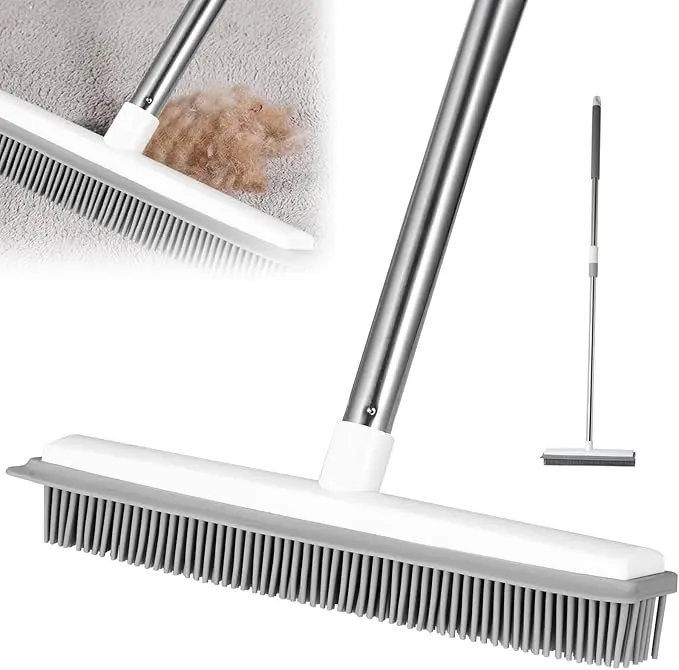 2-in-1 Steel Brush Magic Rubber Broom Push Sweeper with Squeegee - Home Cleaning Tool, Adjustable Long Handle, Easy to Assemble, Removable & Washable, Pet Hair & Water Cleaner, Quick Floor Cleaning Brooms for Hard Floor, Easy Rinse & Reuse