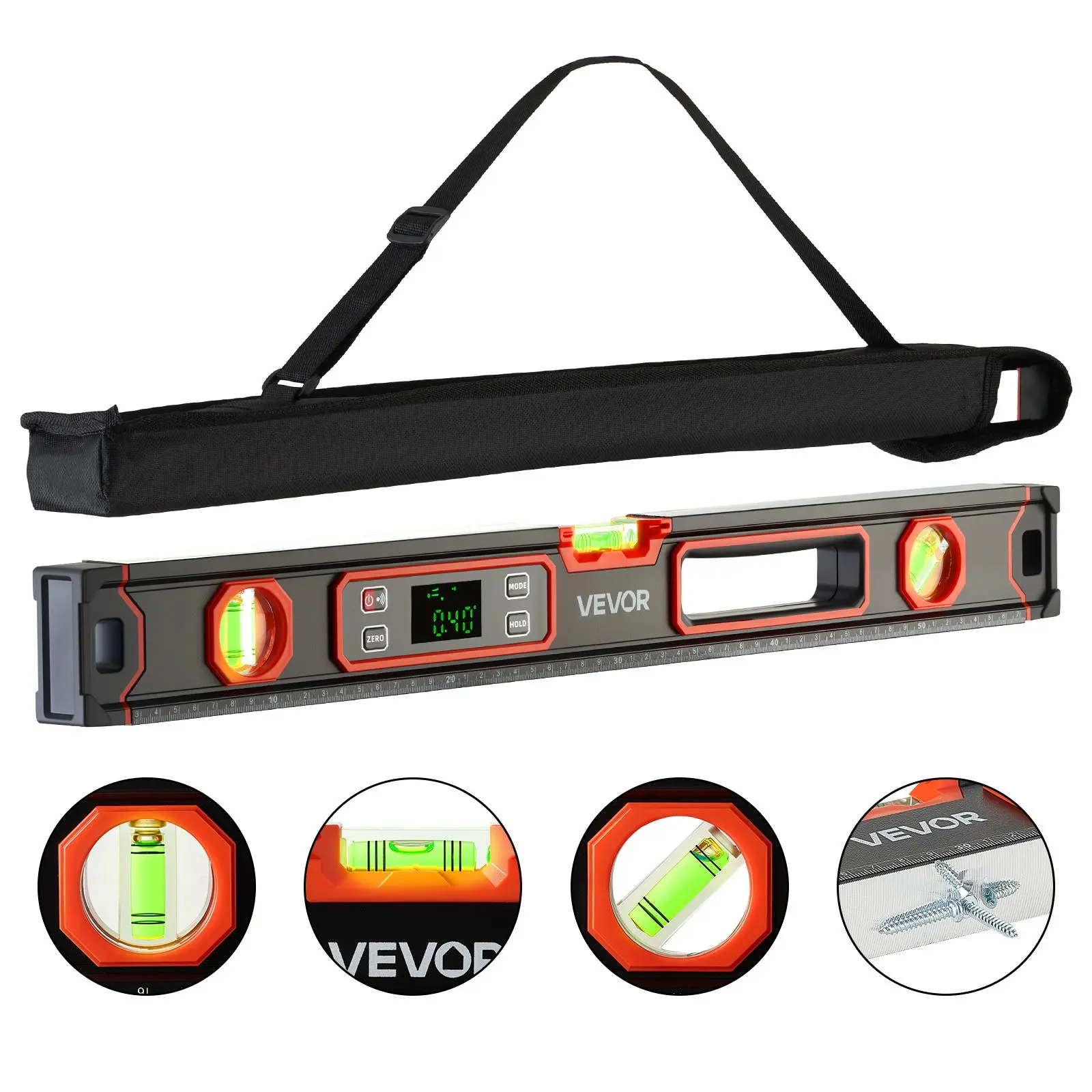VEVOR Digital Level, 24 in Length, Magnetic Electronic Level with LED Backlit Display, 360° Electronic Leveler Tool with 0°/45°/90° Bubble Vials, IP54 Rating for Construction Carpentry Home Renovation