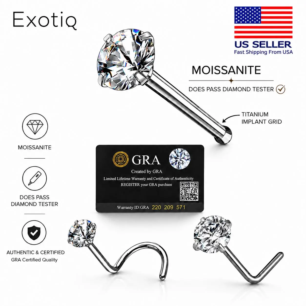 Moissanite Stone Titanium Nose Stud Piercing 18 Gauge L shape, Bol At the End, Corkscrew Moissanite Stone Passes Diamond Test Body Jewelry Nose Studs