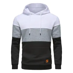 Men's Sweatshirts Long Sleeve Pullover Patchwork Plaid Jacquard Hoodie Casual Drawstring Hoody Top Breathable Sportswear with Kangaroo Pocket & Adjustable Drawstring