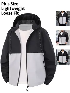 Men's Plus Size Hooded Jacket Spring Autumn New Colorblock High-Quality College Style Baseball Workwear Thin Casual Fashionable Jacket Flight Coat