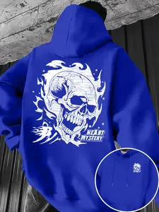 Men's Fall Winter Trendy Print Hooded Fleece Sweatshirt, Skull Fire Print, 100% Polyester, Thickened, Kangaroo Pocket
