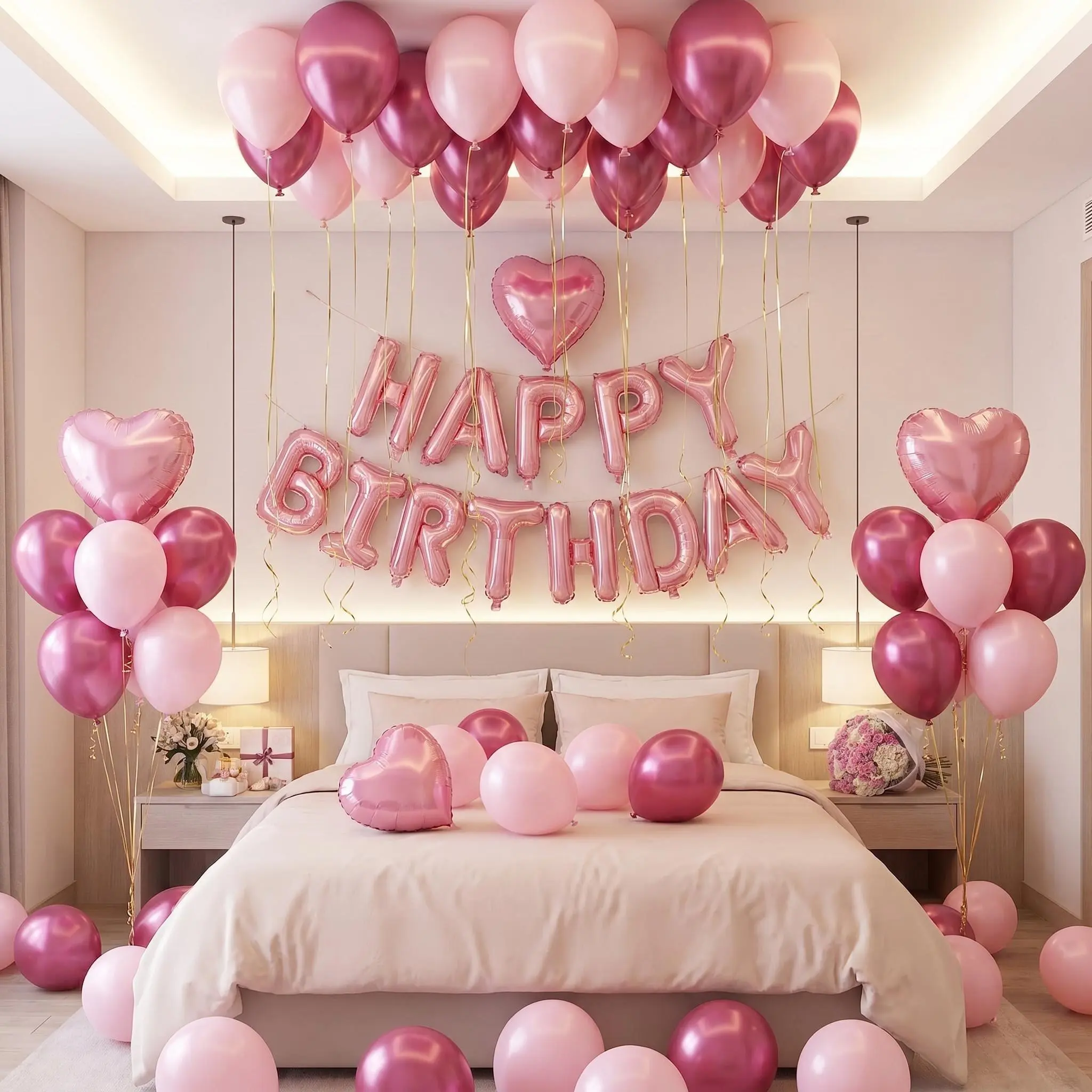 594-Piece Pink Balloon Decorations Set - 16in Heart-Shaped, Metallic PET-Latex Balloons with Aluminium Accents, Letters for Birthday, Wedding, Bedroom Surprises, Hotel Private Room Decor, Photo Booth Backdrop