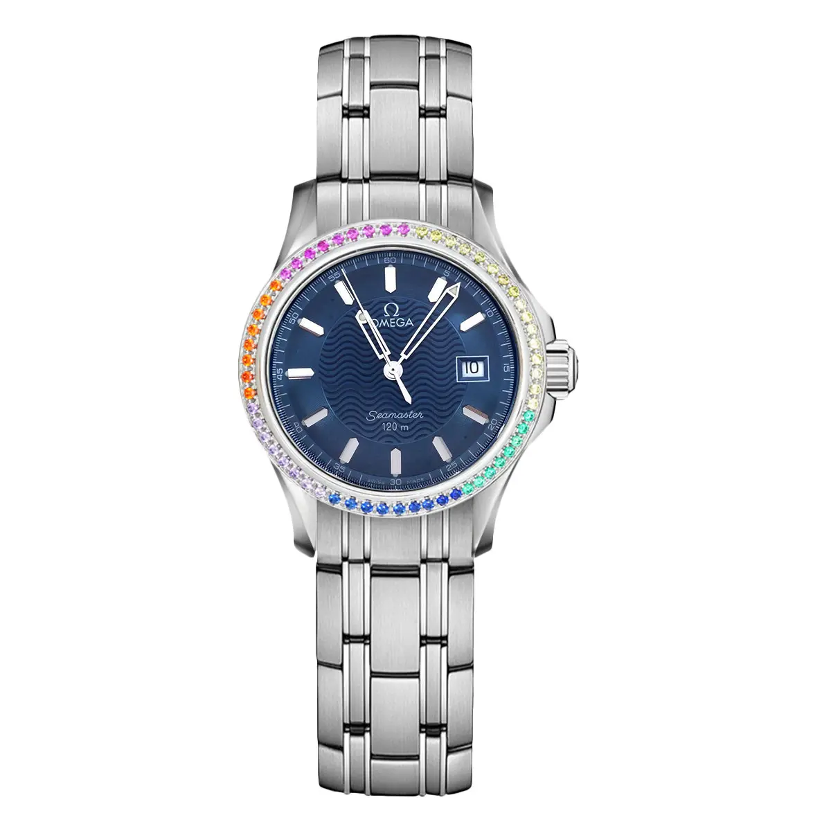 Omega Seamaster 26mm Stainless Steel Blue Dial Custom Rainbow Gemstone Bezel WHT017882