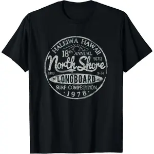Long Board North Shore Surf Vintage Hawaii Beach Men    T-Shirt        Graphic tees Casual Shortsleeve