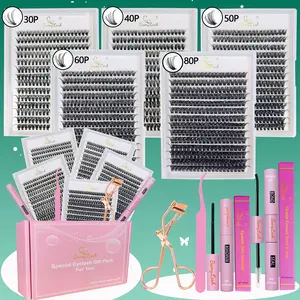 5 Boxes Natural Volume Individual Cluster Lash Set 30P+40P+50P+60P+80P Cluster False Eyelashes with Bond Seal Remover Applicator lash brushes, D Curl Mixed Length Style,DIY Lash Extension Kit for Everyday Eye Make Up Diy Eyelash Extensions