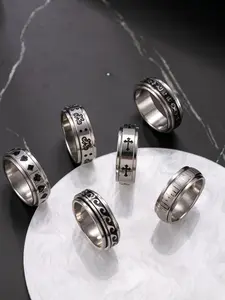 Random 3 Piece Set Fashion Silver Color Rings, Poker Design with Cross & Pattern Engraving, Trendy Youth Daily Wear Jewelry