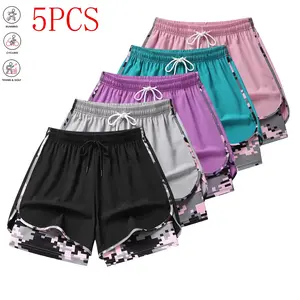 Women’s summer casual shorts five-piece set with built-in lining and a drawstring elastic waistband, suitable for outdoor sports, fitness, running, and everyday wear: women’s shorts; athletic shorts; womenswear.