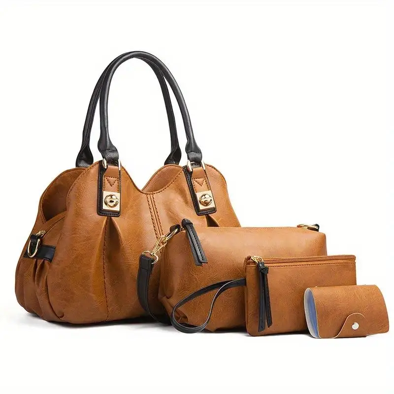 Women's Vintage PU Leather 4-Piece Handbag Set - Minimalist Casual Luxe Look, Affordable Elegance, Soft Touch Double Handle Tote, Lightweight Crossbody Bags for Women, Clutch, Wallet, Ideal Gifts