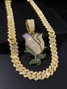 Hip-Hop Charm Rose Pendant Necklace, Sparkling Cuban Chain Jewelry, Trendy Iced Out Bling Rose, Unisex Daily Wear, Cuban Link Chain