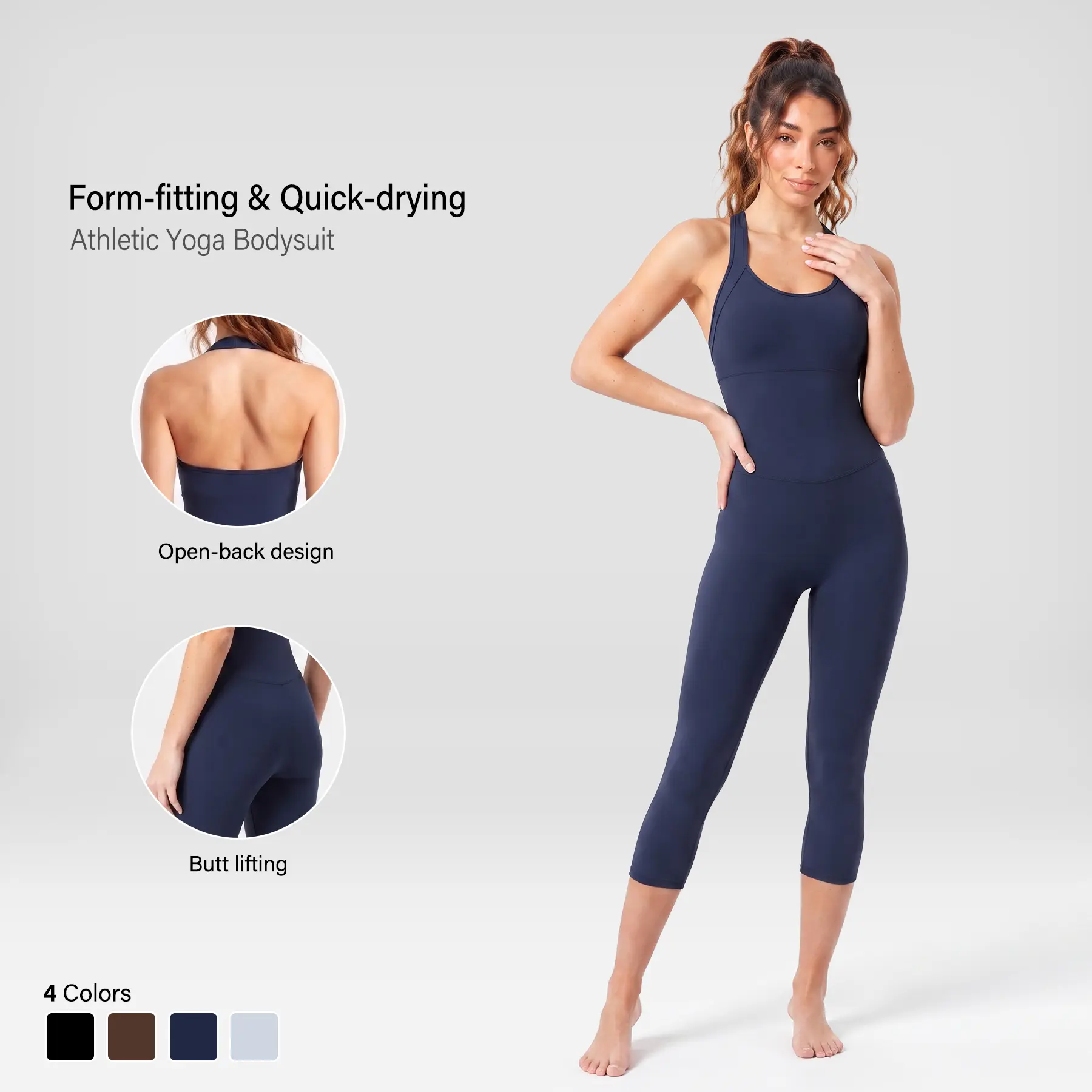 Women's Nylon Blend Seamless Racerback Cut Slim-Fitting 1-Piece Suit Capri Bodysuit - Sleeveless Tank Romper, Quick Dry, Body Shaping, Athletic Chic Gym Yoga Workout Activewear