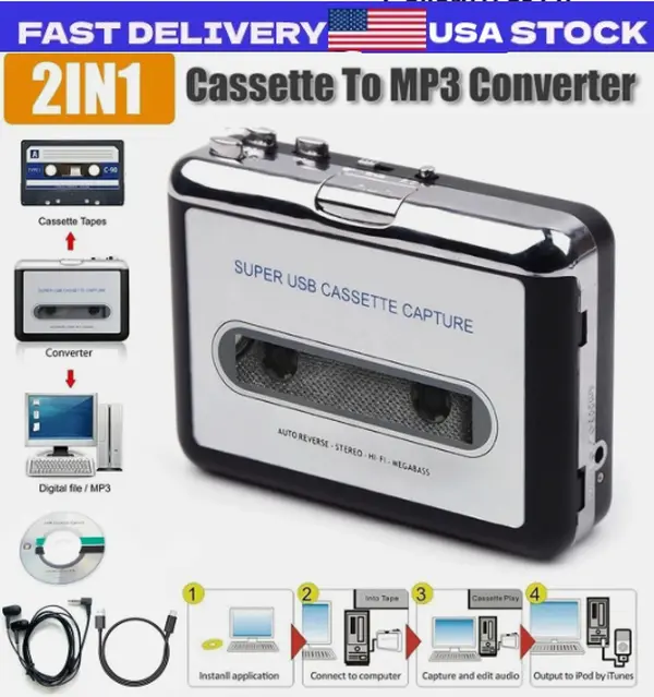 Portable Cassette Player Audio Converter Recorder - Convert Tapes to Digital MP3, USB Compatible, US Version, Digital Storage Support