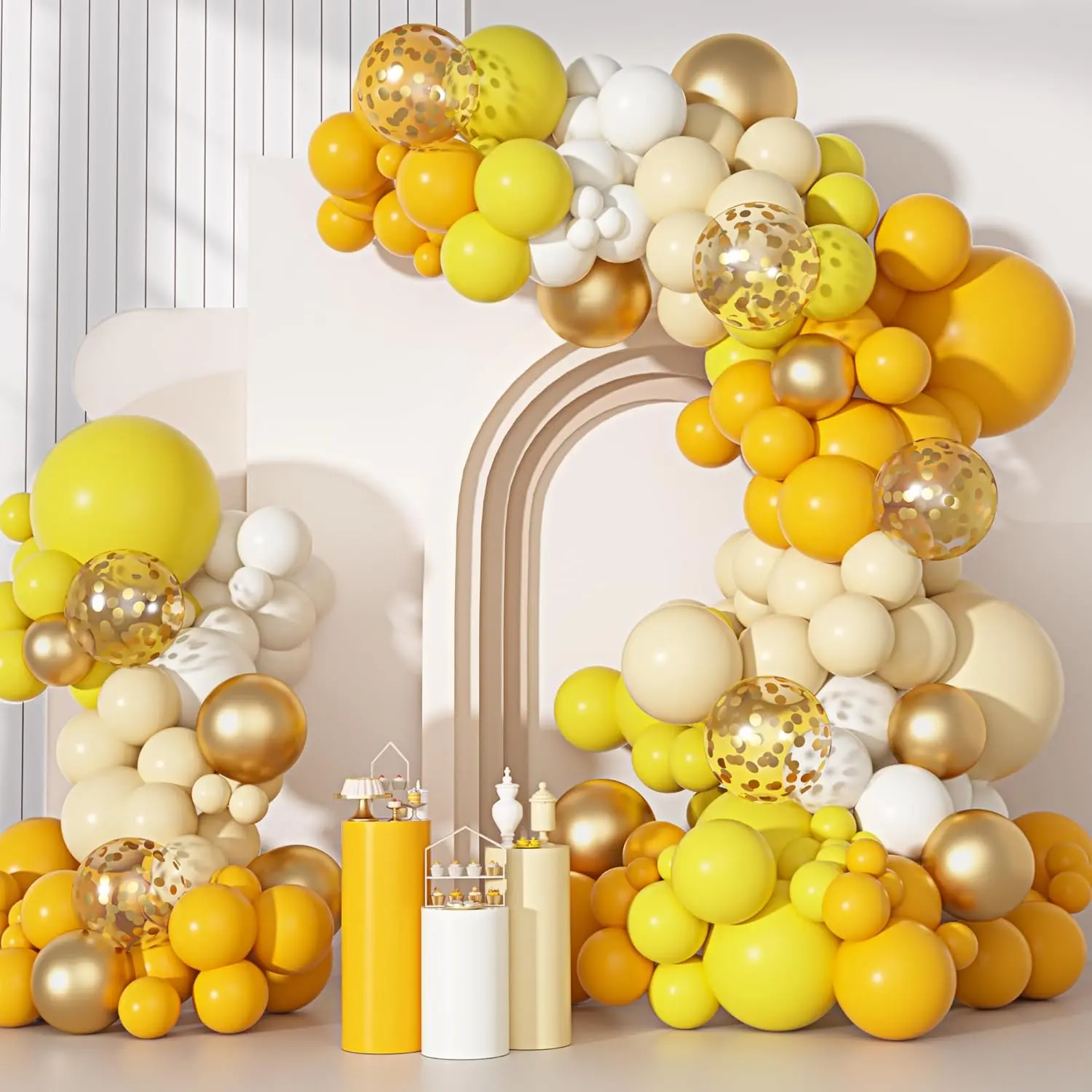 Party Yellow Gold Balloons Arch Garland Kit, Different Sizes 18 12 10 5 Inch Mustard Pastel Yellow White Latex Metallic Confetti Balloon For Sunflower Bee Baby Shower Birthday Party Decorations