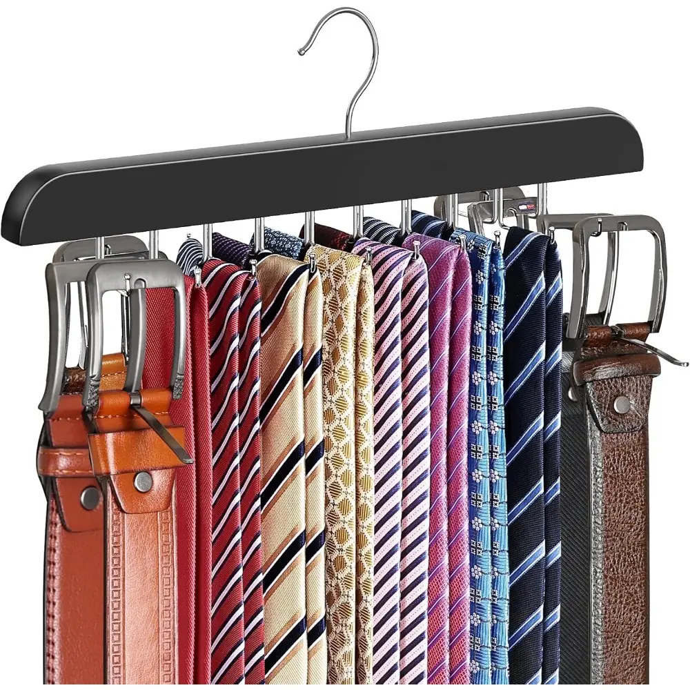 Polyester Hanging Rack Hanger with 20 Foldable Durable Metal Hooks - Compact Men's Wardrobe Organization Solution, Black Closet Storage for Ties & Accessories
