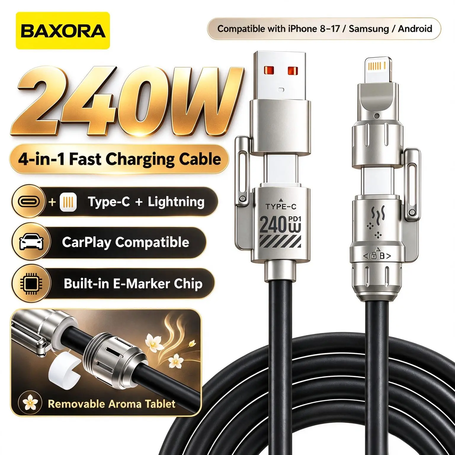 Bixora 240W 4-in-1 Fast Charging Cable with Fragrance Function – Multifunctional Type-C & Lightning Cable; Compatible with iPhone 8–17, Samsung, and Android Devices (Supports CarPlay)