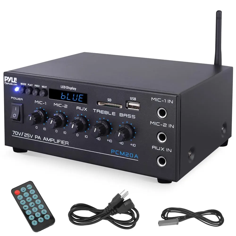 40W Compact Iron Bluetooth Power Amplifier - 70V Wireless Speaker Streaming, 2 Mic Jack Inputs, Auto Talkover, LED Display, Button Controls, Smartphone Compatibility, Remote Control Support, Universal Connector