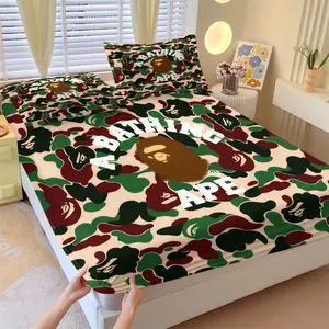 BAPE Classic ABC Camo APE Head Fitted Sheet Set, 1 Fitted Sheet and 2 Pillowcases Without Pillows, Soft Skin-Friendly Anti-Slip Wrinkle Resistant, Streetwear Brand Style Bedroom Decor Gift for Fans, Bedsheet Sets