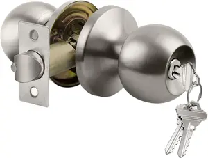 Keyed Entry Door Knob with Lock, Standard Ball, Satin Nickel, Interior & Exterior Door Lock, Standard Ball Design