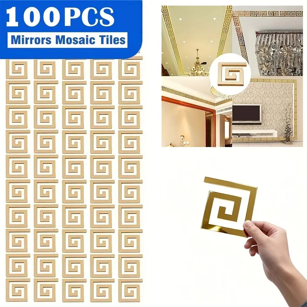 100pcs, Golden square hollow acrylic reflective mirror sticker, self-adhesive removable decorative wall decoration, Adhesive Decals, Adhesive Stickers, for living room, bathroom, bedroom, home DIY waistline decoration, ornaments