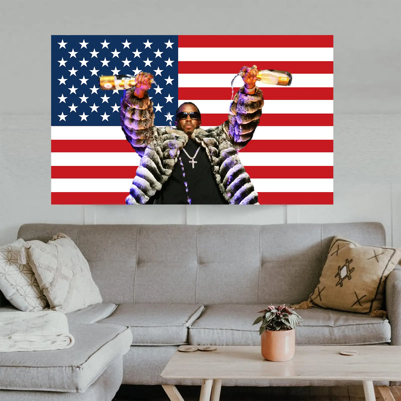 'Diddy' Combs  American Tapestry Rap singer hands two hands pouring champagne flag banner  Man Cave Wall Decor