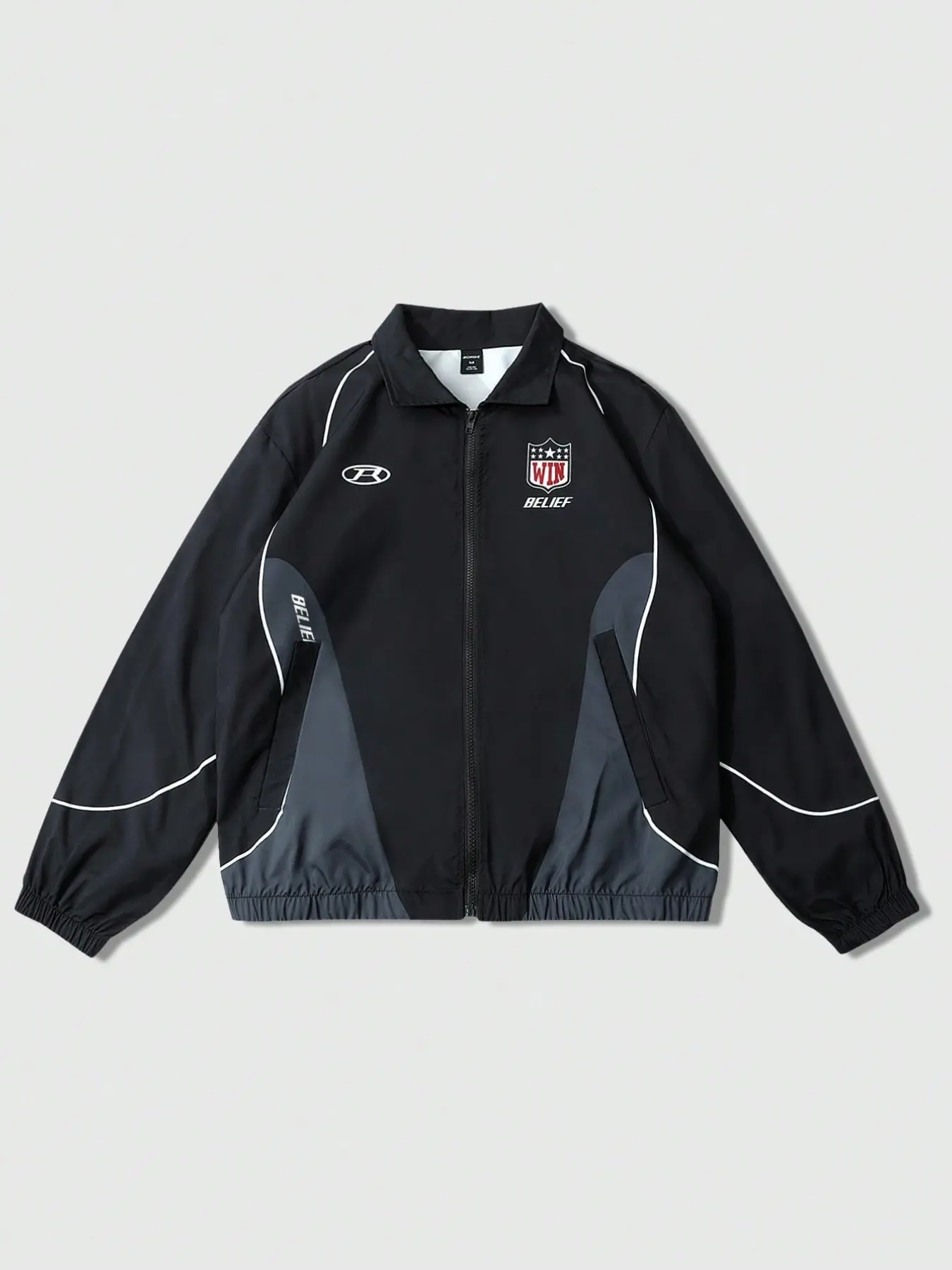 Mens american retro sports style stand collar jacket black and grey color block splicing with white line decoration win belief badge print on the chest loose dropped shoulder fit windproof and waterproof fabric daily casual streetwear trendy outerwear