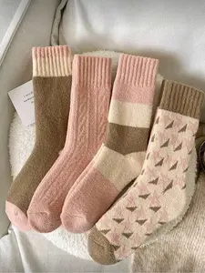 4 Pairs Warm Winter Fleece Floor Socks, Women's Thick Mid-Calf Sleep Socks, Soft Comfortable Snow Outdoor Socks