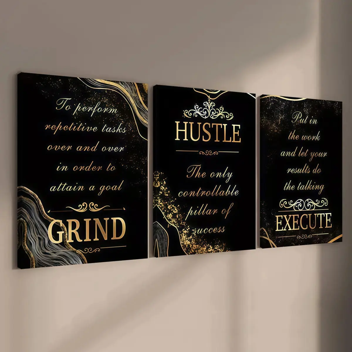 3-count wooden frame canvas, black and gold texture inspiring three-piece Artistic decorative Print poster, Aesthetic Wall Decor, perfect for living room, bedroom, office, and modern home decor, Decoration Items