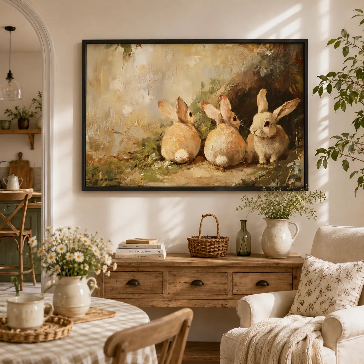Cute Rabbits Canvas Wall Art, Vintage Bunnies Easter Wall Decor, Cottage Spring Rabbit Painting, Aesthetic Canvas Print for Living Room Bedroom Home Decor, Artistic, Decoration