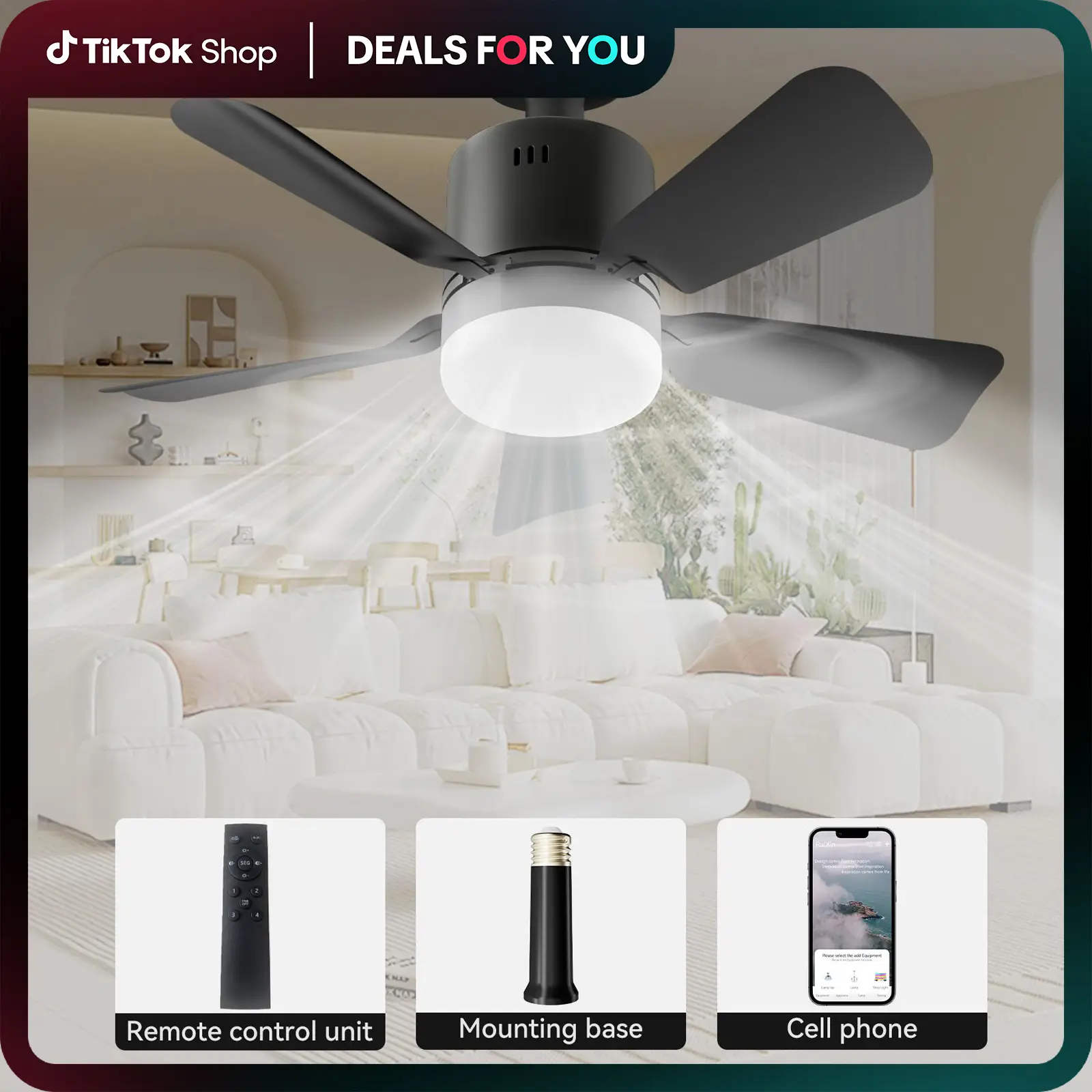 Socket Breeze Socket Fan Light with Remote, Portable Small Ceiling Fans with Lights for Bedroom, Kitchen, Living Room, Ceiling Fan with Light 3500K, 1