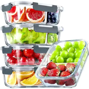 5 Pack Glass Meal Prep Containers 2 Compartment Set, 36OZ Airtight Glass Lunch Containers, Glass  Storage Containers with Lids, for Microwave, Oven, Freezer & Dishwasher Friendly,Grey