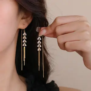 Women's long crystal tassel earrings, elegant and high-end, DDES0100 stylish and versatile, 14K Gold-Plated